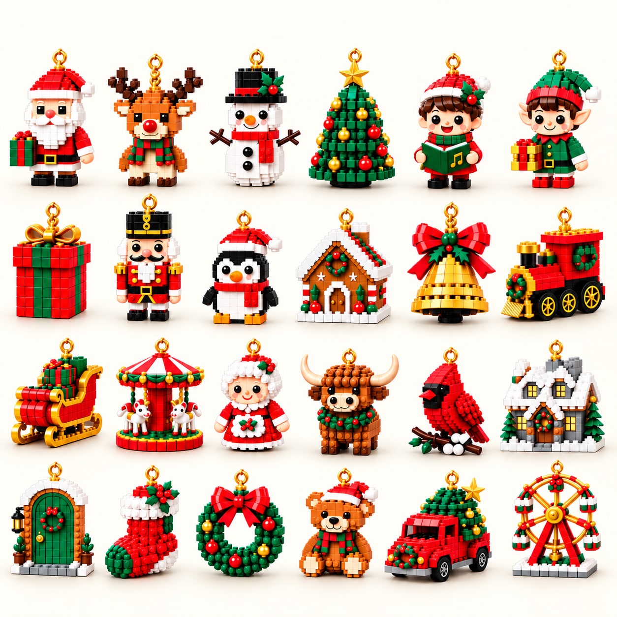 Collection of 24 festive mini brick ornament designs with hanging loops