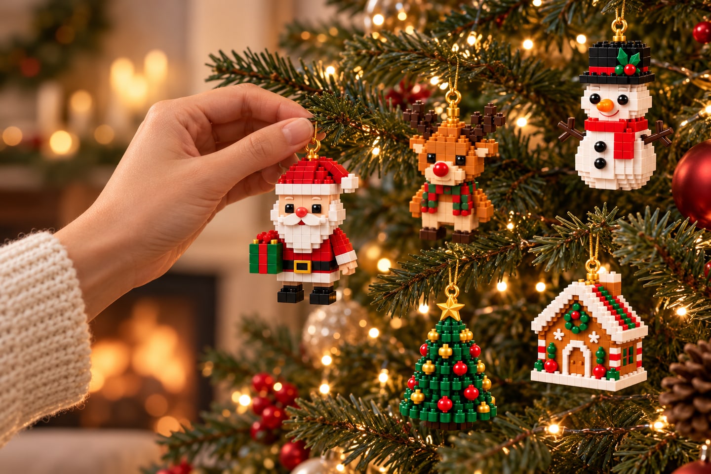 Finished brick ornaments displayed on a Christmas tree