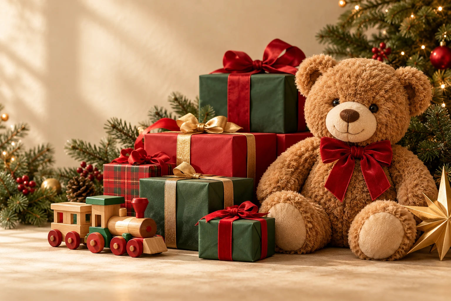 Christmas gift inspiration with a teddy bear, wrapped gifts and a wooden toy train
