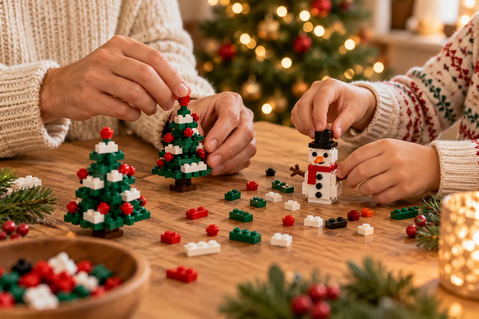 Hands enjoying a Christmas building activity together