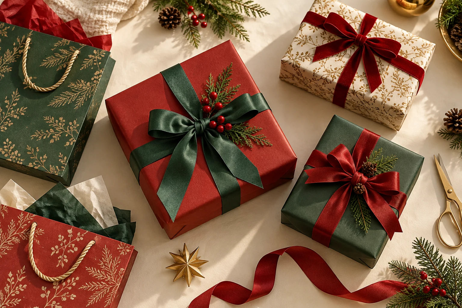 Festive gift wrapping inspiration with ribbons and Christmas gift bags