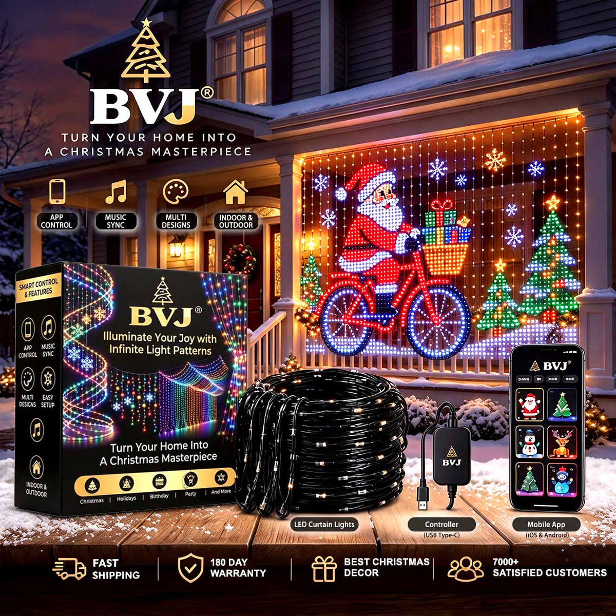 BVJ smart animated LED curtain lights, packaging and app — product main image