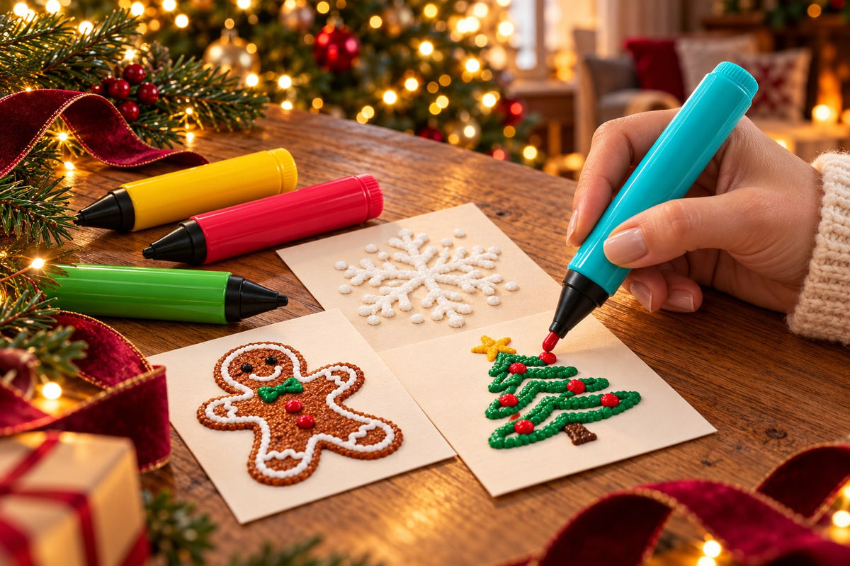 Christmas craft scene illustration with colorful pens and festive handmade designs
